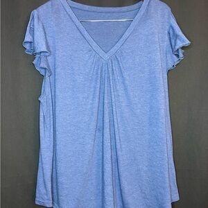 Blue V-Neck Ruffle Sleeve Top